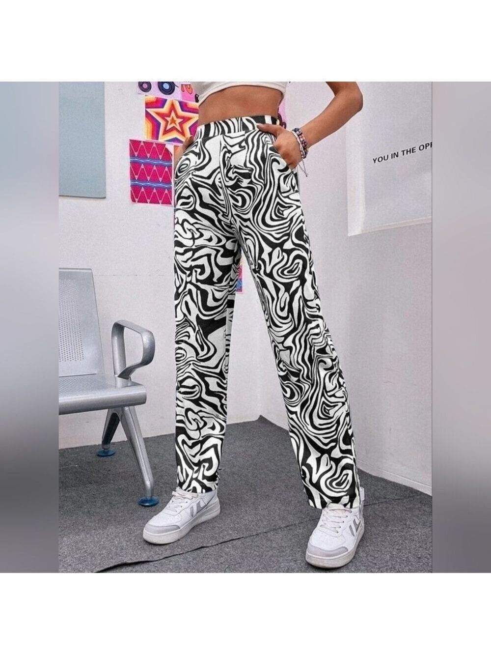 Shein High Waist Marble Print Straight Leg Pants Large - New Without Tags